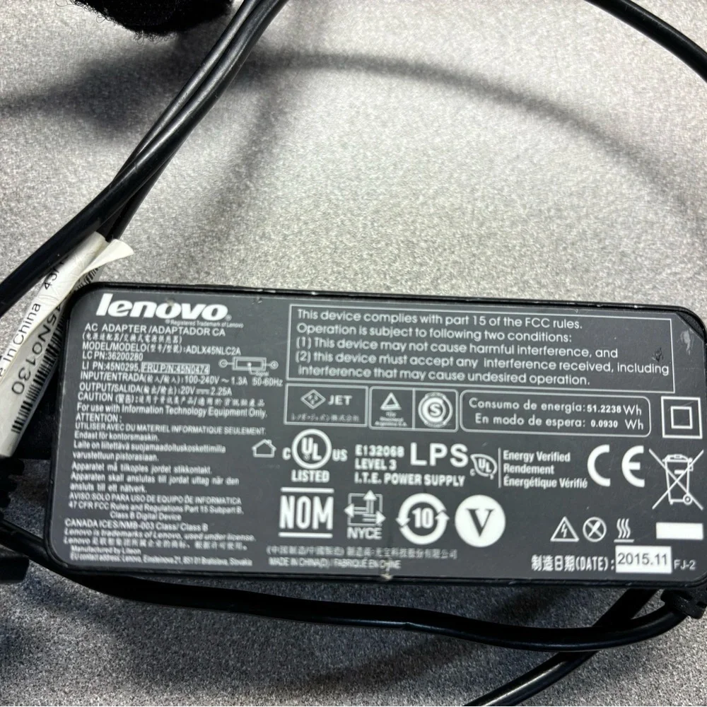 {Lenovo} Lenovo Black Power Cord AC Adapter Model ADLX45NLC2A laptop charger